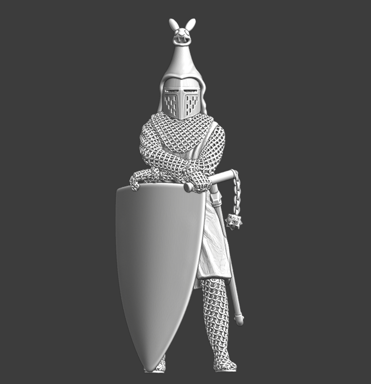 Medieval knight with flail, and crested helmet
